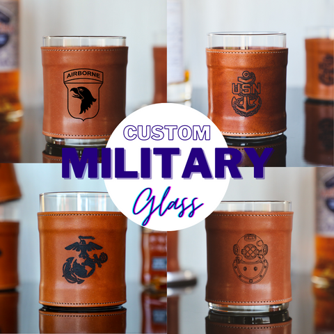 CUSTOM MILITARY LOGO LEATHER WRAPPED WHISKEY GLASS