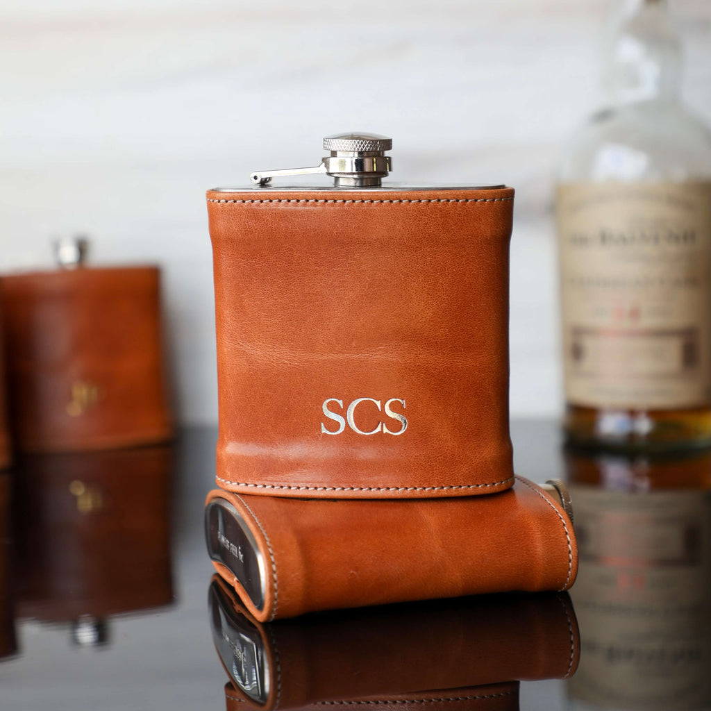 Hip Flask with Personalised Leather Pouch and Free Engraving